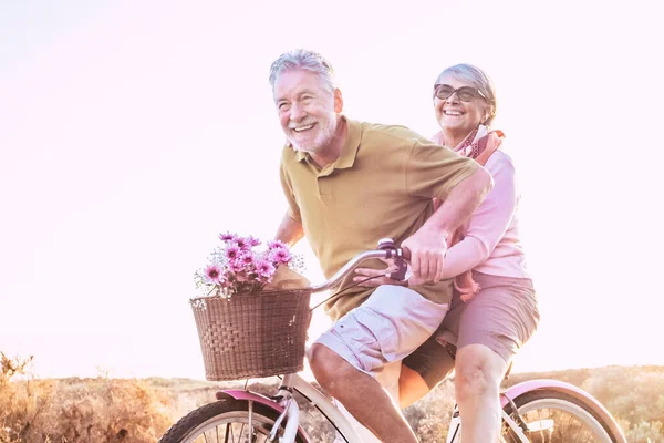 Cheerful Mature Couple Senior Enjoy Outdoor Leisure Activity Together Riding — Stock Photo, Image