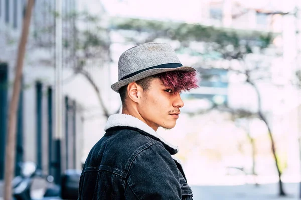 Portrait Alternative Diversity Teenager Look Style Young Boy Violet Hair — Stock Photo, Image