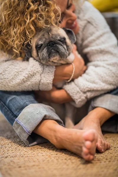 Pet Therapy Love Animal Dog Concept Lonely Woman Home Hugging — Stock Photo, Image