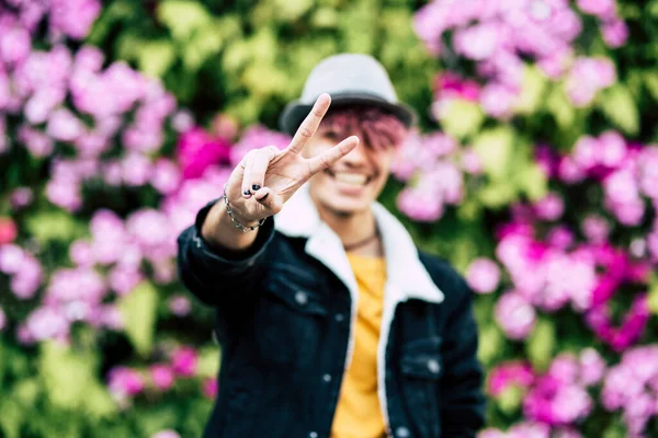 Portrait Cheerful Young Boy Alternative Violet Hair Stylish Hat — Stock Photo, Image