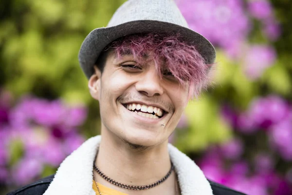 Portrait Cheerful Young Boy Alternative Violet Hair Stylish Hat — Stock Photo, Image