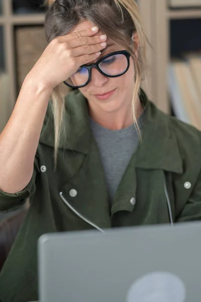 Stressed Tired Adult Woman Work Home Online Laptop Computer Smart — Stock Photo, Image