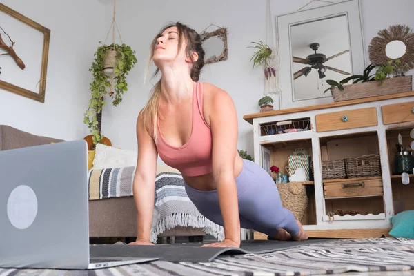 年轻女子在家锻炼 做俯卧撑 看她的个人笔记本电脑来学习或教授锻炼 — 图库照片
