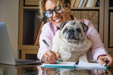 Akıllı ofis faaliyetleri genç modern kadın ve köpek birlikte.