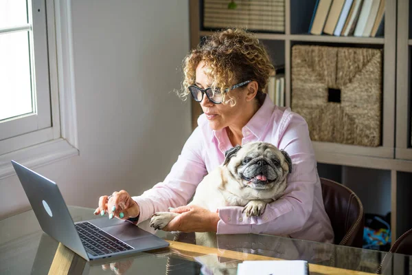 Happy Woman Home Love Her Best Friend Pug Dog While — Stock Photo, Image