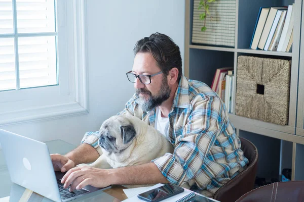 Бородатий Дорослий Чоловік Працює Вдома Офісній Кімнаті Своїм Другом Собакою — стокове фото