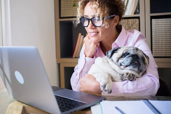 Dorosła Kobieta Pracuje Laptopie Domu Biurze Jej Uroczym Najlepszym Przyjacielem — Zdjęcie stockowe