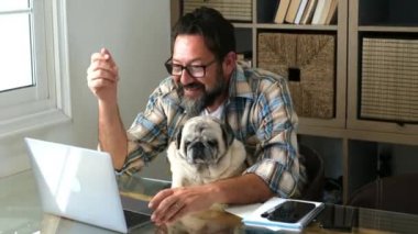 Sakallı yetişkin bir adam, arkadaşı köpekle ofiste çalışıyor. İnsanlar ve internet bağlantısı ve dizüstü bilgisayarı olan modern iş hayatı. 