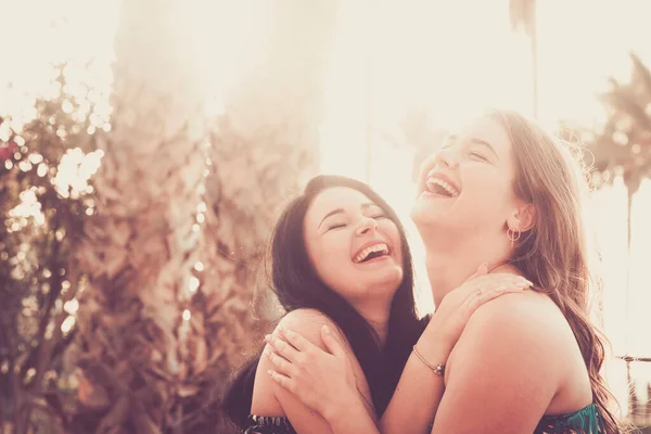 Couple Young Woman Have Fun Together Hugging Laughing Lot Friendship — Photo