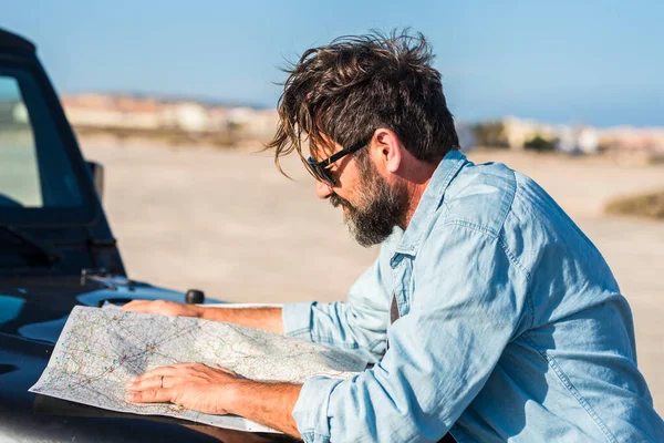 Adventure Travel Lifestyle Bearded Adult Man Looking Paper Map Planning — Stock Photo, Image