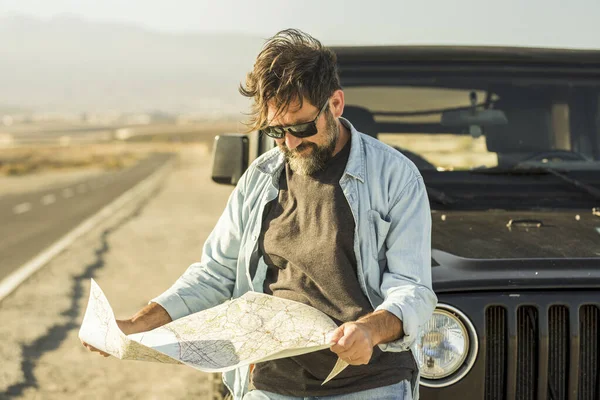 Man Looking Map Leaning Vehicle Roadside — Stock Photo, Image