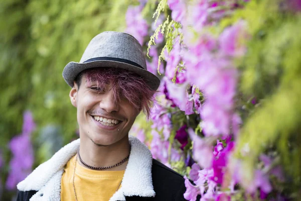 Stylish Handsome Teenage Boy Smiling Denim Jacket Burgundy Hair Color — Stock Photo, Image