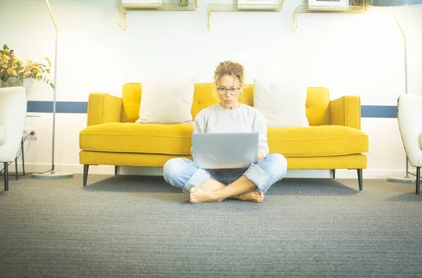 Young Woman Home Sitting Floor Crossed Legs Working Studying Using — Stock Photo, Image