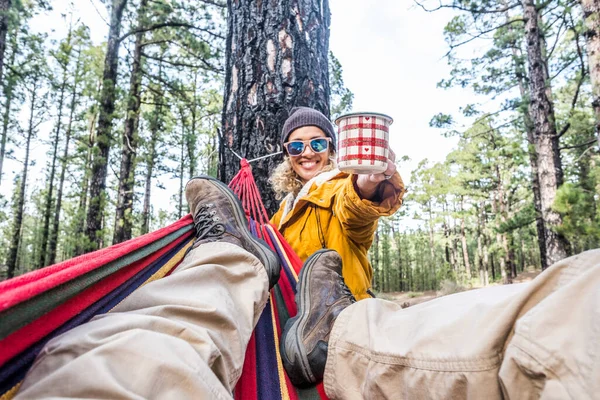 Cheerful Woman Cup Coffee Enjoy Nature Relax Outdoor Leisure Activity — Stock Photo, Image