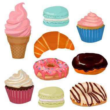 Beyaz arka plan üzerinde izole tatlılar, vektör çizim,