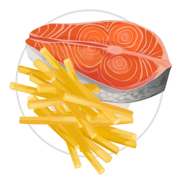 Un morceau de saumon et des frites sur une assiette — Image vectorielle