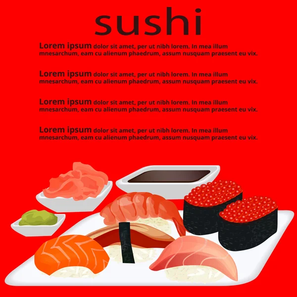 Menú de sushi sobre el fondo rojo — Vector de stock