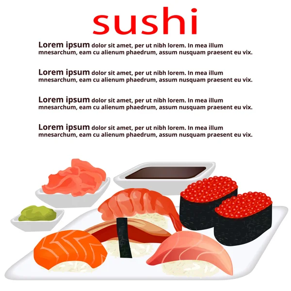 Uppsättning av sushi på en tallrik, plats för text — Stock vektor