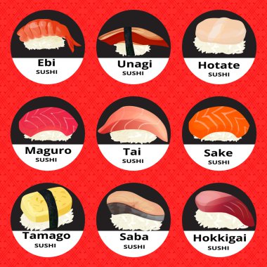 suşi başlıklar, yuvarlak simgeler kırmızı bir arka plan üzerinde