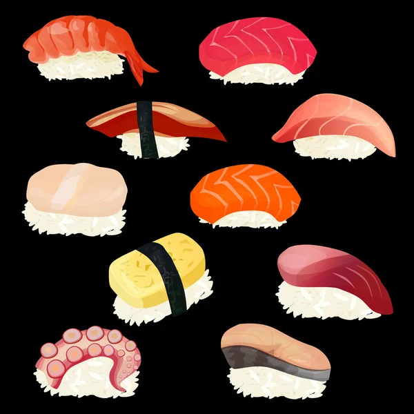 Set de sushi, ilustración vectorial, sobre un fondo negro — Vector de stock