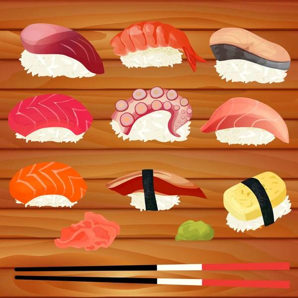 Sushi definido em um fundo de madeira — Vetor de Stock