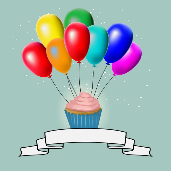 Geburtstagskarte, bunte Luftballons und Kuchen — Stockvektor