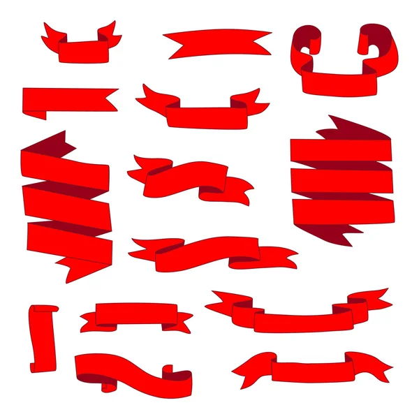 Set aus roten Bändern Banner, Doodle-Stil — Stockvektor