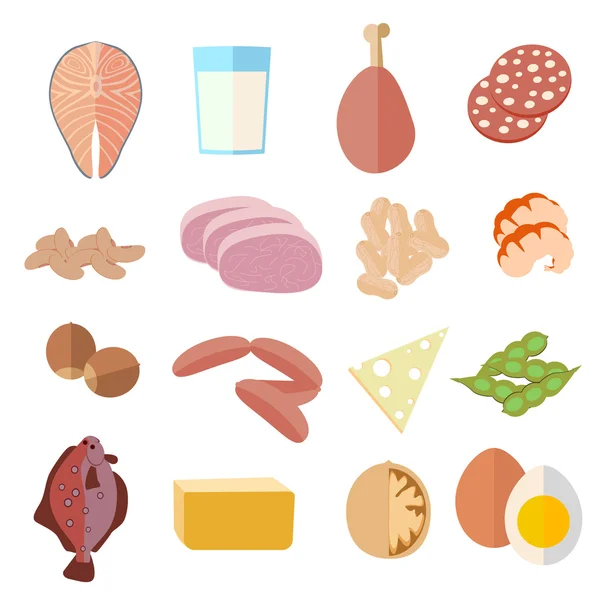 Jogo dos produtos, dieta da proteína, projeto liso dos ícones —  Vetores de Stock