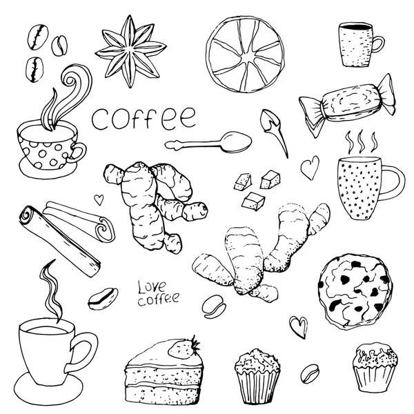 Hora del café, elementos vectoriales dibujados a mano para el diseño — Vector de stock