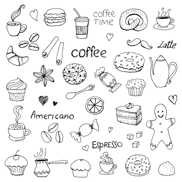 Tempo de café, desenho do doodle, elementos de coleção de caracteres vetoriais — Vetor de Stock