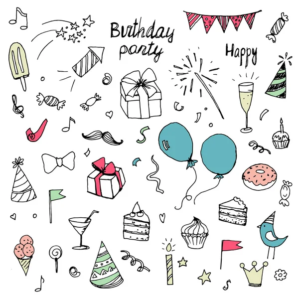 El boyaması renk öğeleri, beyaz arka plan üzerinde izole doğum günü doodle koleksiyonu — Stok Vektör