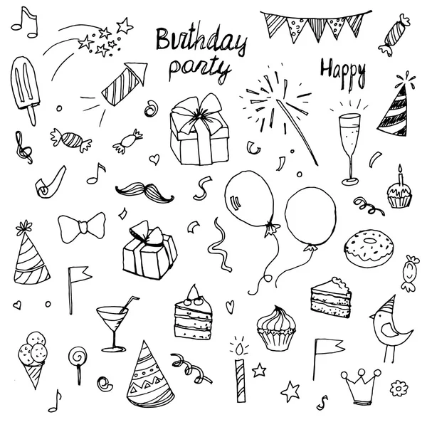 Cumpleaños doodle colección dibujado manos elementos — Archivo Imágenes Vectoriales