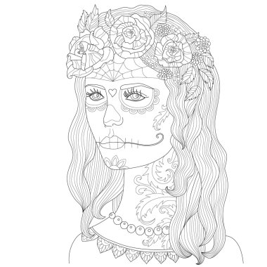 Yetişkinler, kalıcı makyaj, ölüm maskesi, güzel kızla için boyama sayfa sayfa, çizim zentangle, anahat vektör çizim, makyajlı kız Cadılar Bayramı için boyama çizilmiş yetişkin el