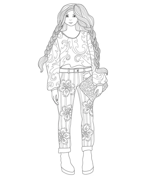 Beautiful fashionable girl coloring page for adults, fashion — Stock Vector