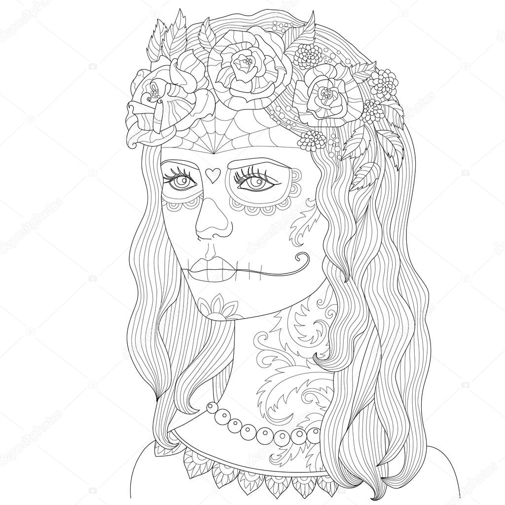 Pagina da colorare per adulti bella ragazza con trucco maschera di morte Hand drawn adulto da colorare disegno zentangle illustrazione di vettore del