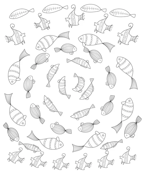 一整套鱼页着色的成年人的程式化的鱼放在一个圆圈，动物抗应激彩页。轮廓矢量图 — 图库矢量图片