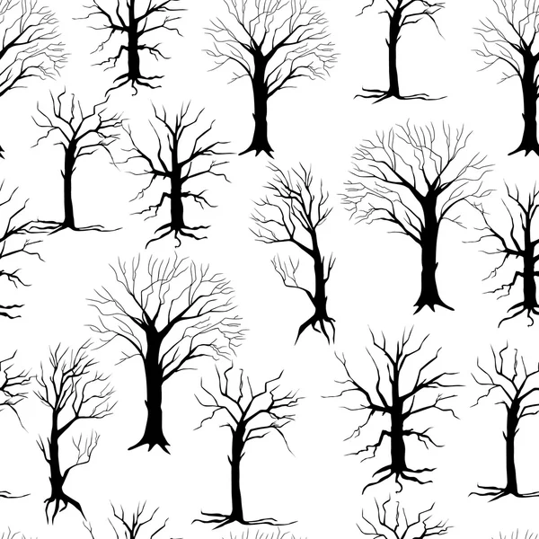 Motif sans couture avec des silhouettes noires d'arbres sur un fond blanc — Image vectorielle