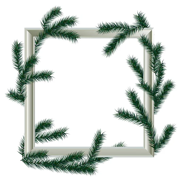 Marco blanco de madera con ramas de abeto, decoración de Navidad, fondo de Navidad — Vector de stock