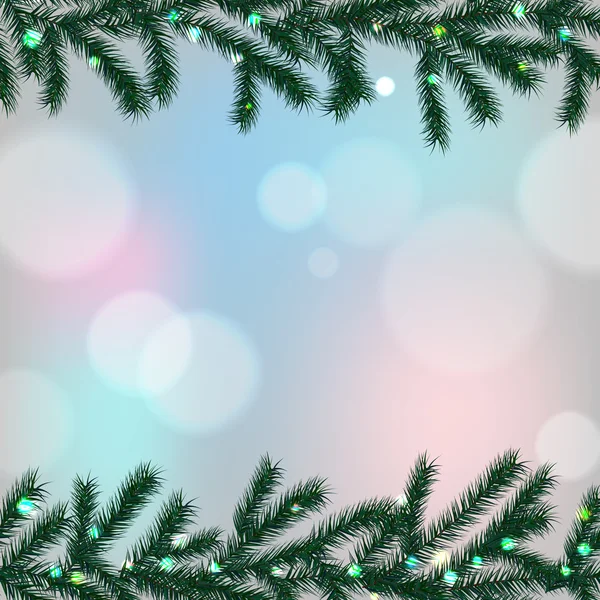 Blaues Bokeh Lichteffekt mit Tannenzweigen Rahmen, Glühbirnen Weihnachten Hintergrund — Stockvektor