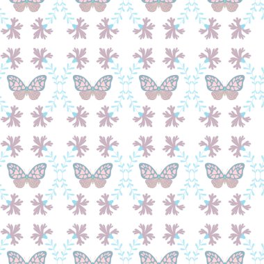 Kelebekler ve çiçeklerle kusursuz desen. Kumaş, tekstil ve ambalaj için tasarım