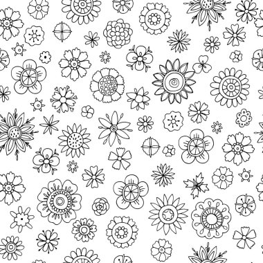 Şekillendirilmiş mürekkepli çiçeklerle kusursuz desen. El çizimi siyah beyaz desen. Boyama kitabı için desen