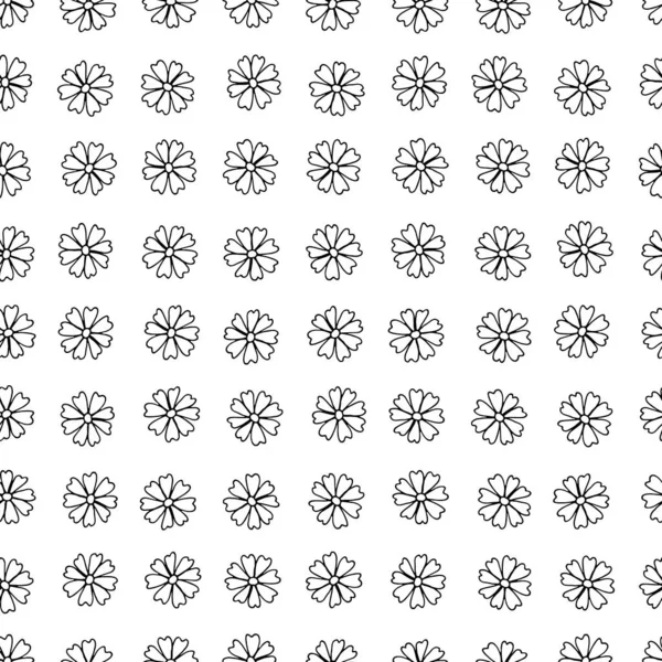 手描きの輪郭花でシームレスなパターン 黒手描きのデイジーの花と植物模様 — ストックベクタ