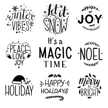 Noel harfleri seti. Kış tatili için el yazması mektuplar. Tipografi seti. Elle çizilmiş Noel Mektubu: Sihirli bir zaman, Kar yağsın, Neşeli ve Parlak, Neşe, Noel, Mutlu Tatiller, Evlenme & parlak, kış titreşimleri
