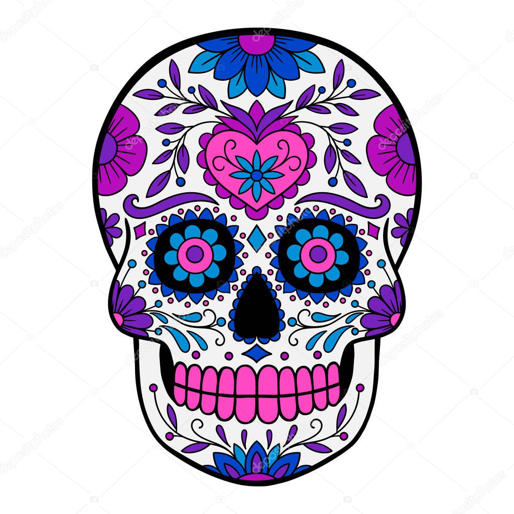 Day of The Dead colorful Skull with floral ornament. Colorful Mexican Sugar Skull