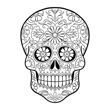 Mexican sugar skull, Dia de los Muertos. Sugar Skull With Doodle Floral Pattern. Mexican skull. Coloring page
