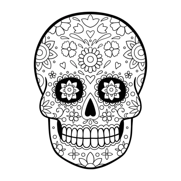 Розмальовка Цукровий Череп День Мертвого Цукрового Черепа Квітковим Орнаментом — стоковий вектор