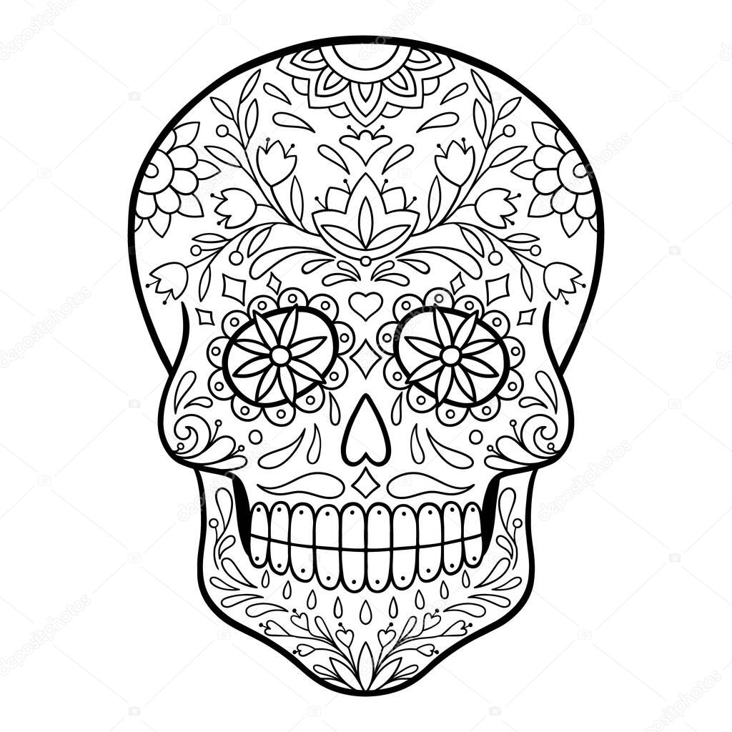 Mexican skull. sugar skull, day of death vector illustration. black and white sugar skull