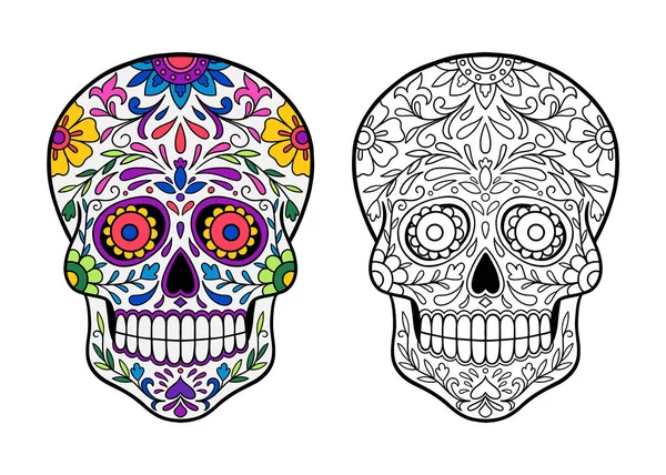 Hand Drawn Mexican Sugar Skull Flowers Pattern Floral Skull White — Stock Vector