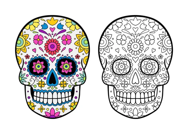 Calaveras Azúcar Halloween Página Para Colorear — Vector de stock