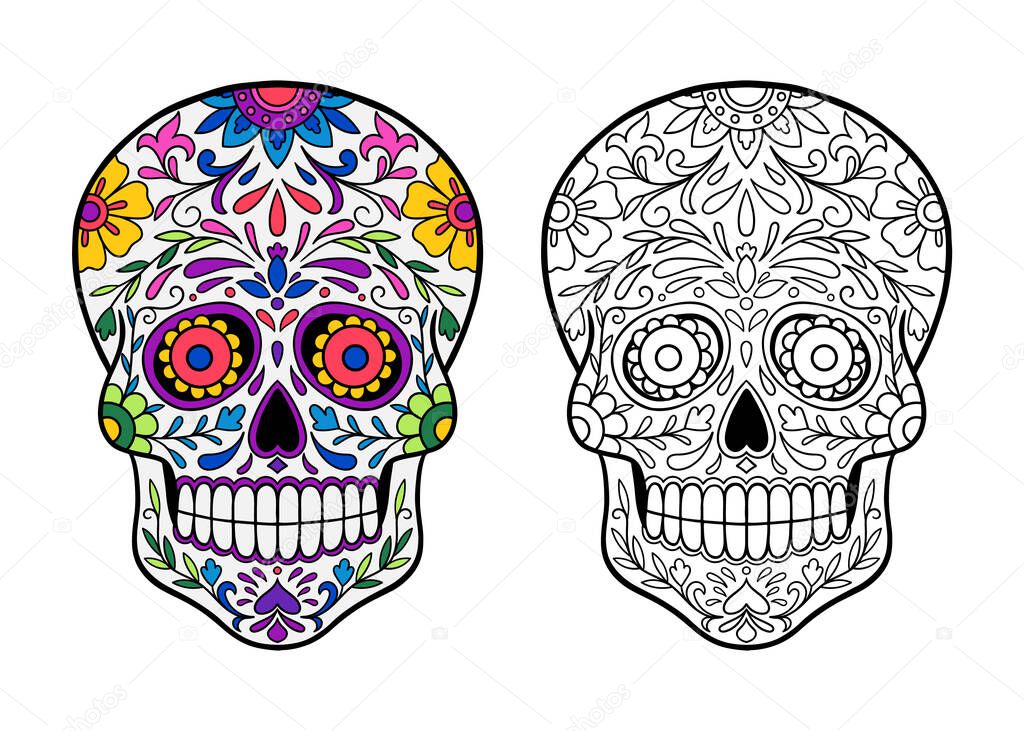 Hand drawn Mexican sugar skull with flowers pattern. Floral skull on white background. Coloring page for adult.